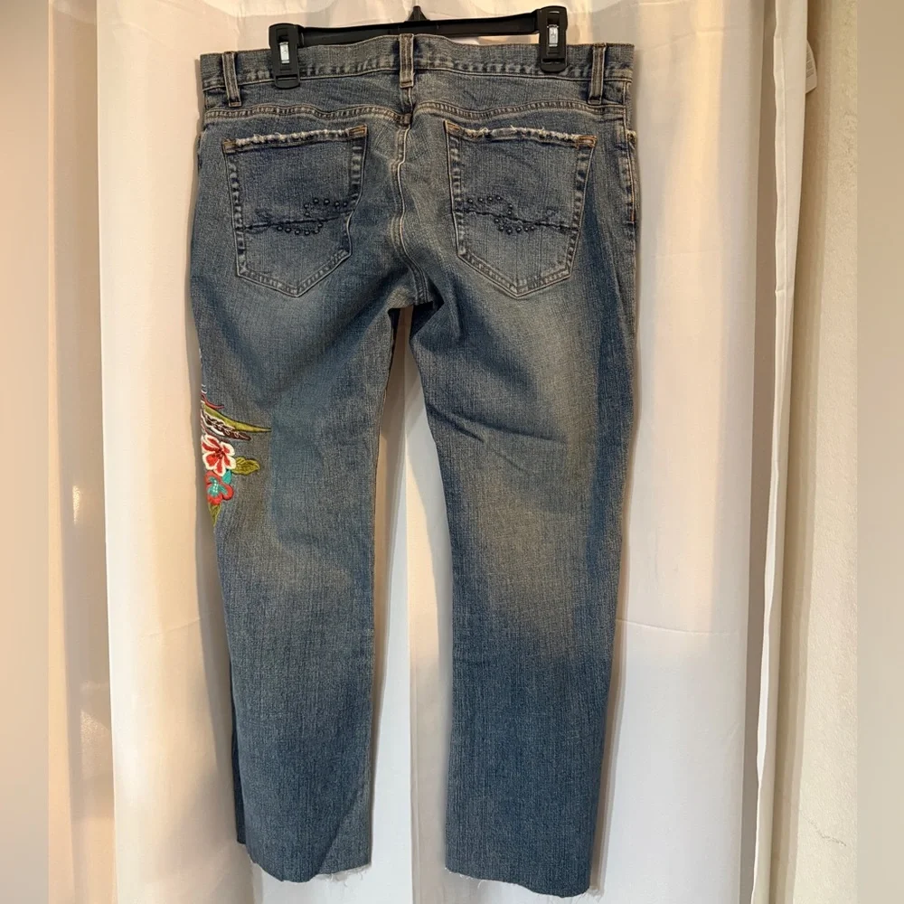 Y2K Embroidered Phoenix Low Rise Jeans 14 | Floral Bird Denim | Raw Hem | - Picture 9 of 16